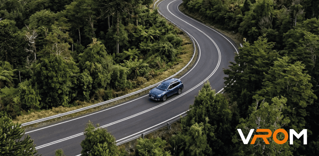 Auto en carretera rodeada de bosque